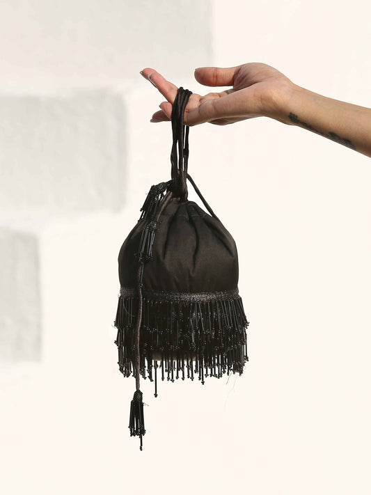 Dhiyona ST Potli - Black Sequin with hanging lace