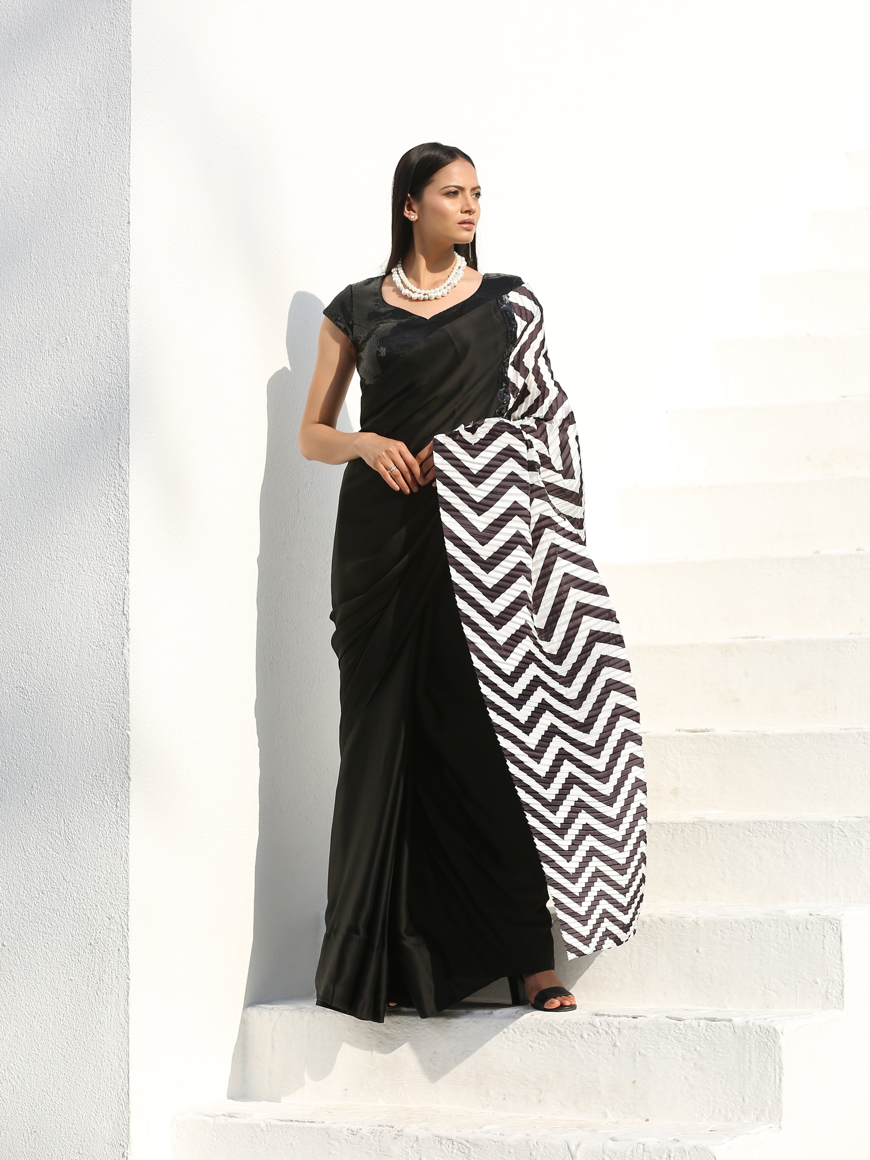 Dhiyona ST SET | BOLD Chevron & Black Satin Saree +Sequin Cap Sleeve Blouse