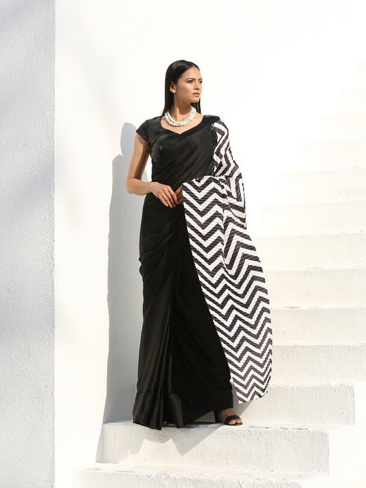 Dhiyona ST SET | BOLD Chevron & Black Satin Saree +Sequin Cap Sleeve Blouse