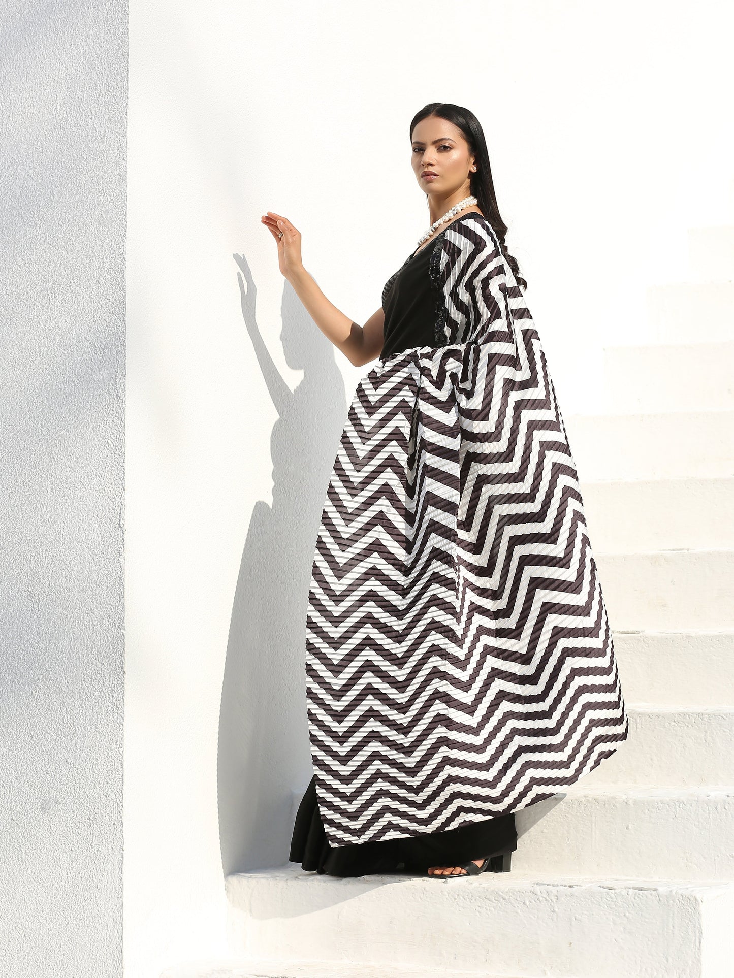 Dhiyona ST SET | BOLD Chevron & Black Satin Saree +Sequin Cap Sleeve Blouse