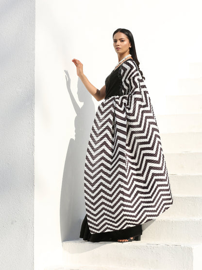 Dhiyona ST SET | BOLD Chevron & Black Satin Saree +Sequin Cap Sleeve Blouse