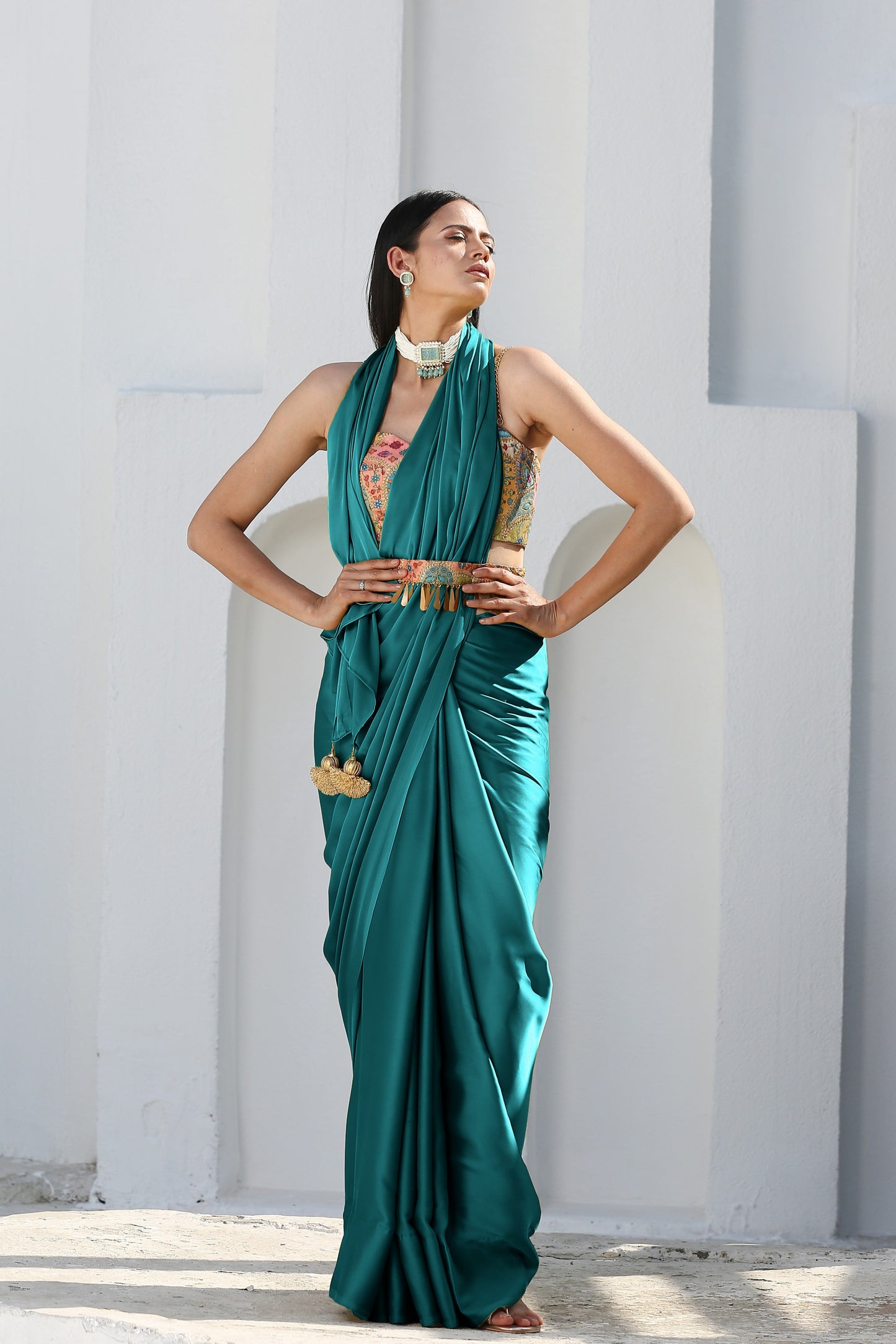 Dhiyona ST Mystic Blue Satin Saree