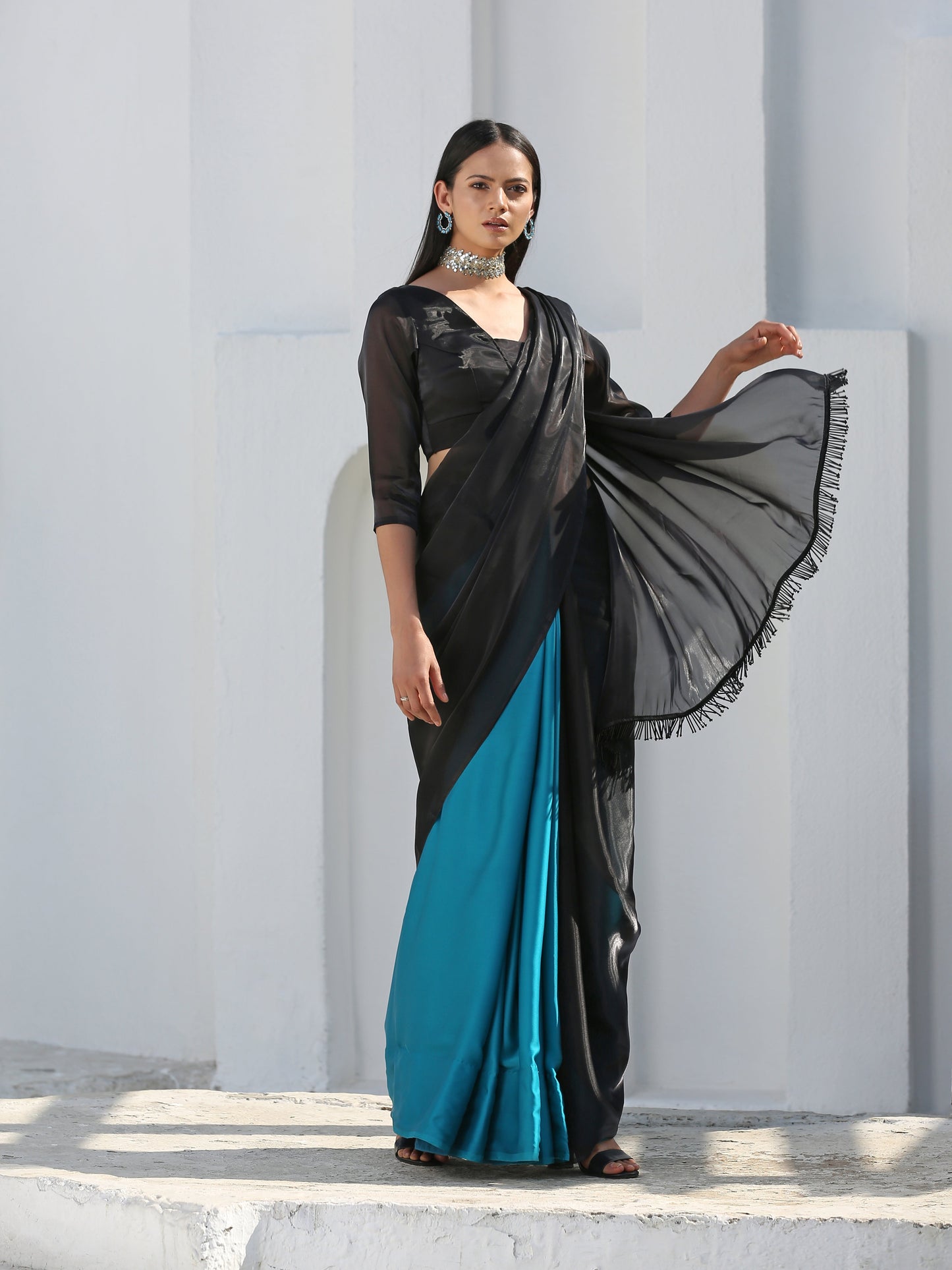 Dhiyona ST SET | Mystic Blue & Black Saree + Blouse