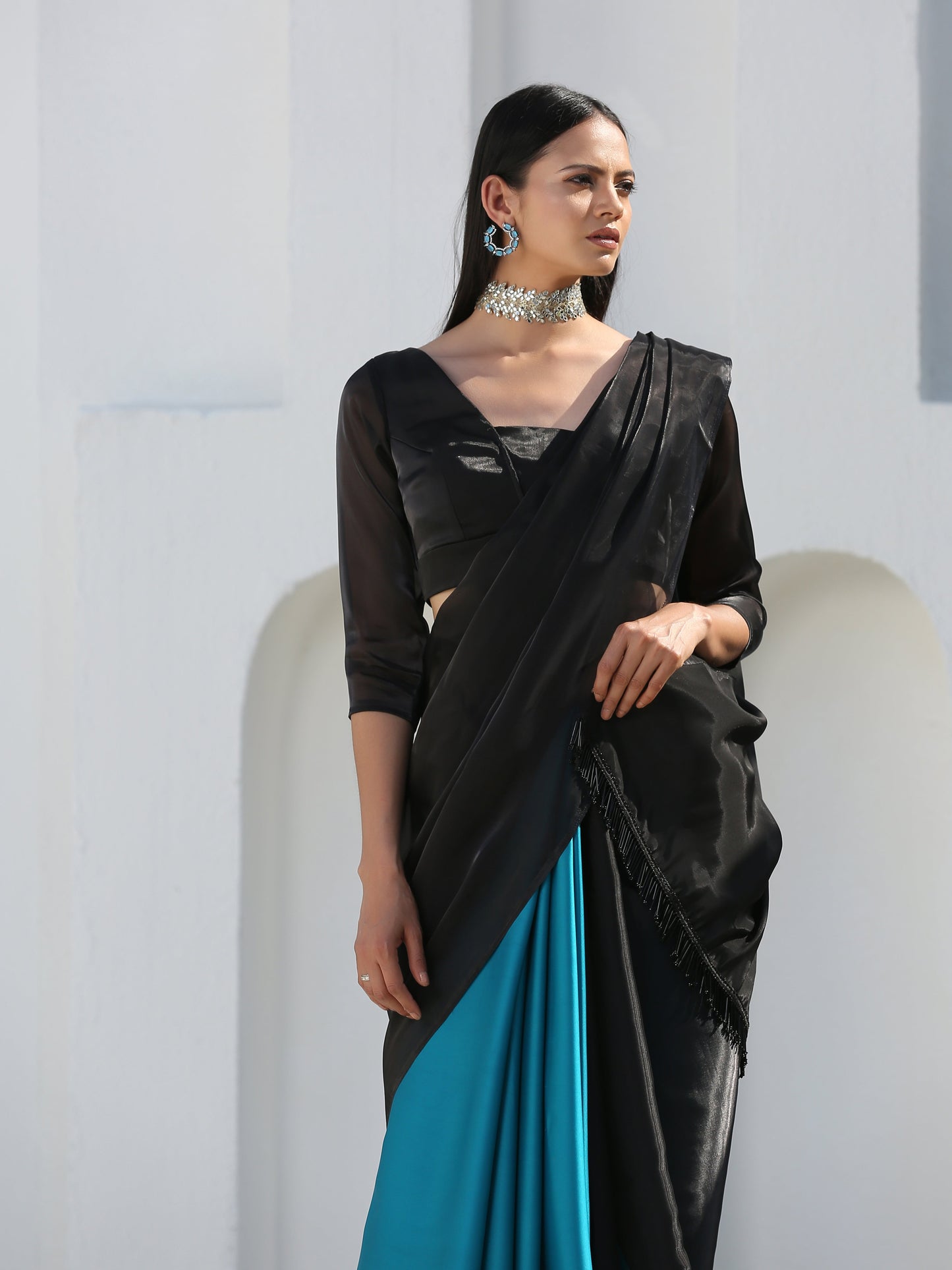 Dhiyona ST SET | Mystic Blue & Black Saree + Blouse