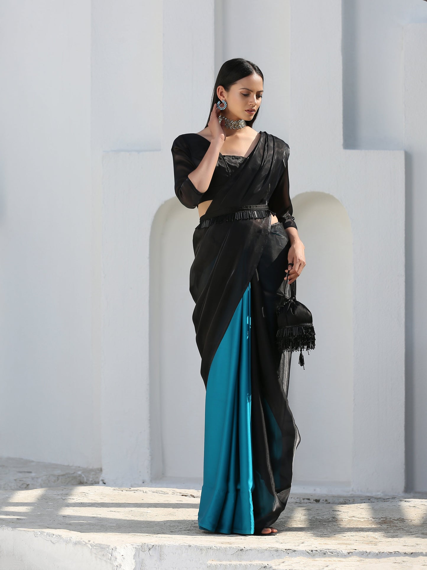 Dhiyona ST SET | Mystic Blue & Black Saree + Blouse