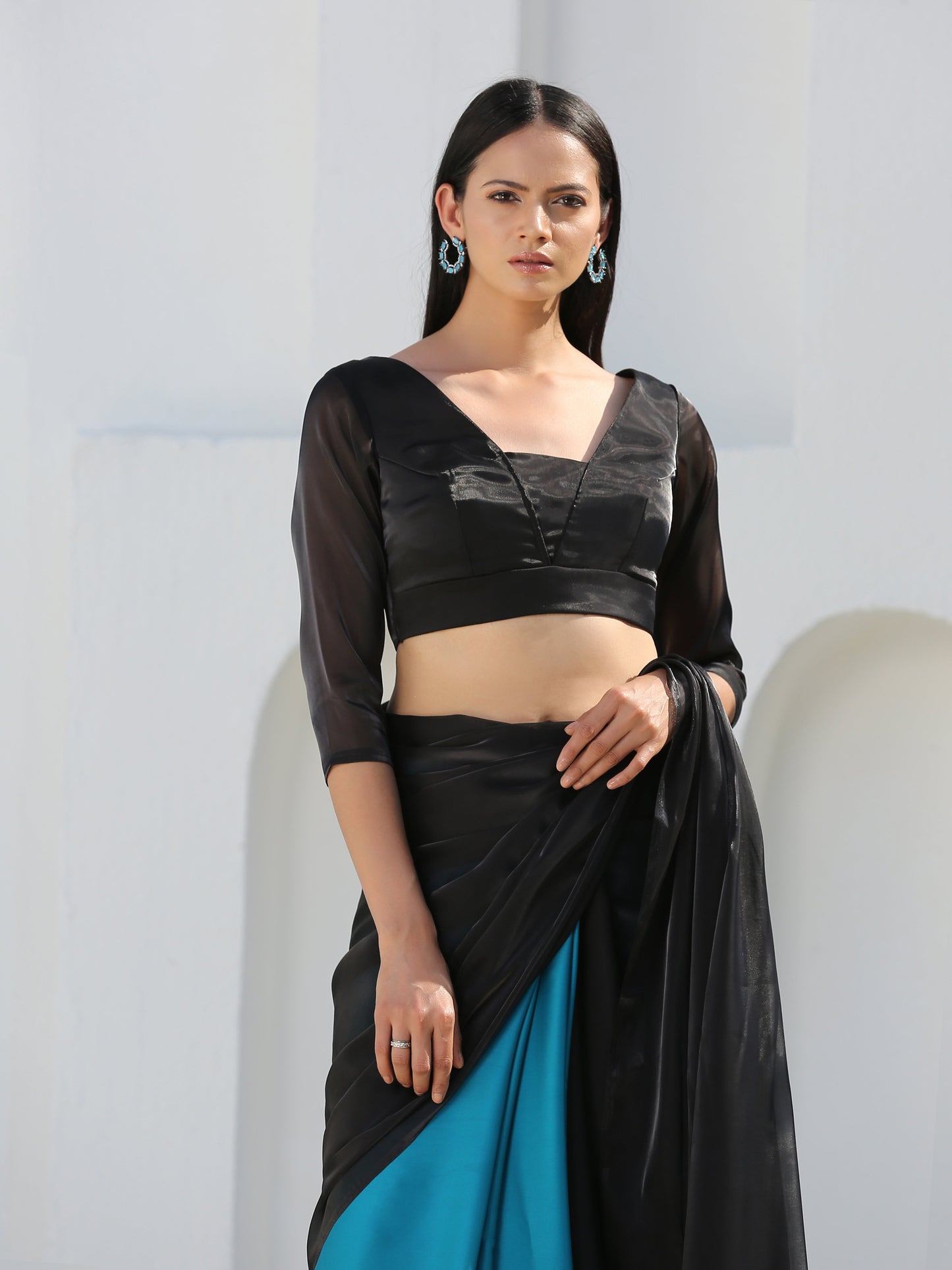 Dhiyona ST Blouse - Raven Black Organza V Neck