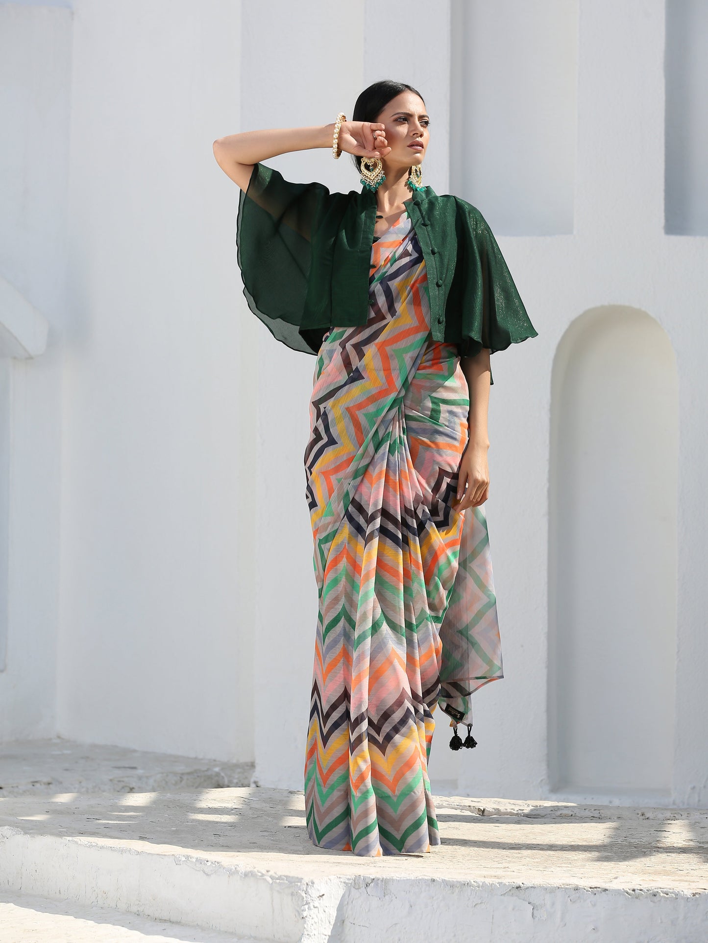 Dhiyona ST Blouse - Lush Green Shimmer Cape Blouse