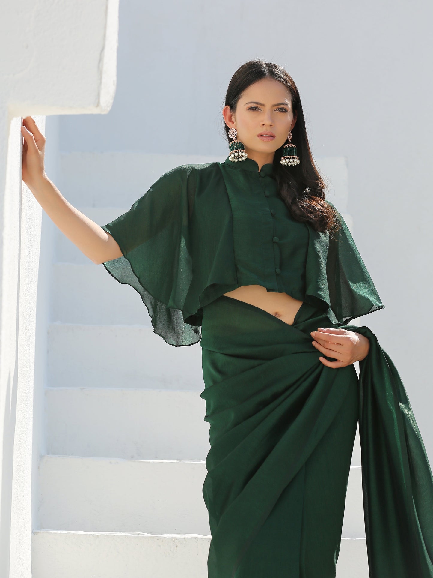 Dhiyona ST Blouse - Lush Green Shimmer Cape Blouse