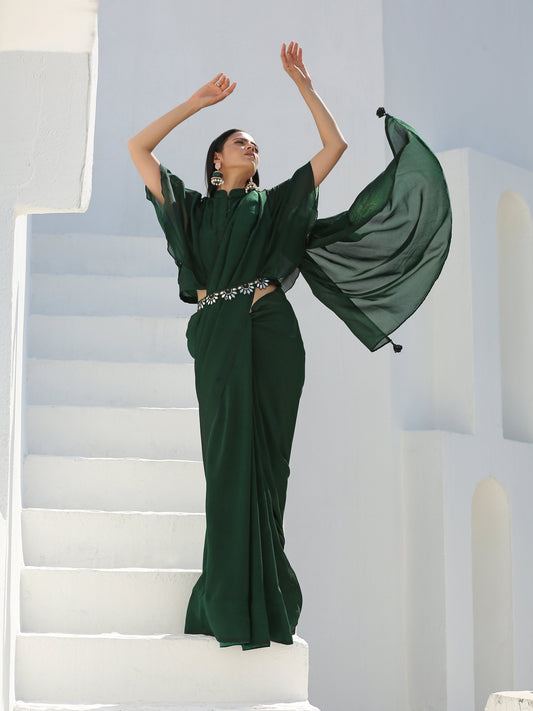 Dhiyona ST SET | Lush Green Shimmer Saree + Blouse + Belt