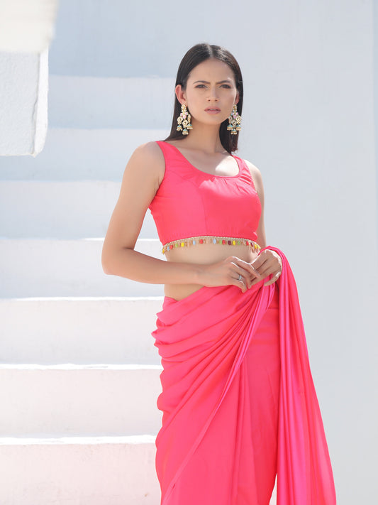 Dhiyona ST Blouse - Neon Pink Sleeveless with Multicolour Beads