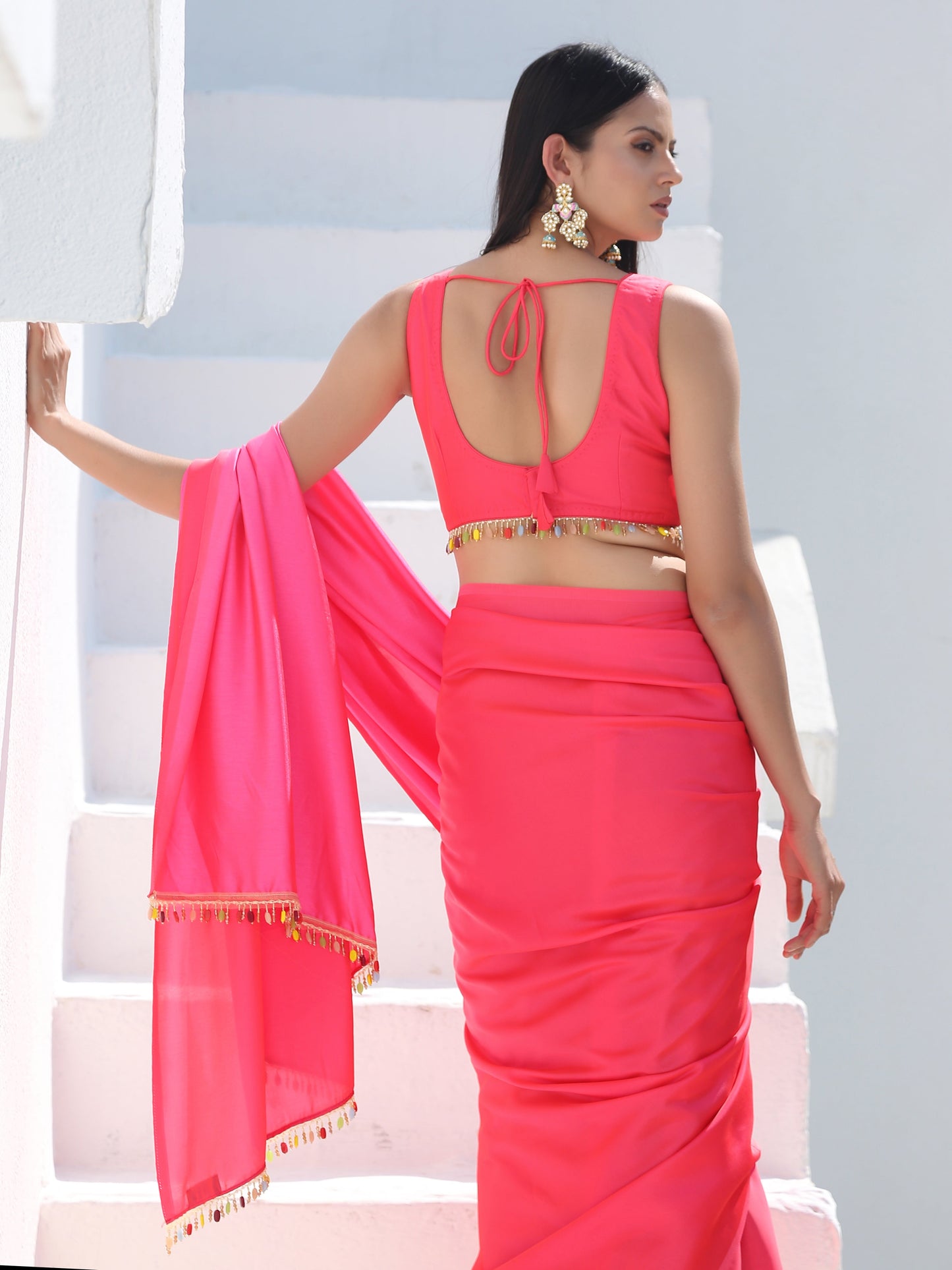Dhiyona ST SET | Neon Pink Saree with Multicolour Beaded Lace + Blouse + Belt