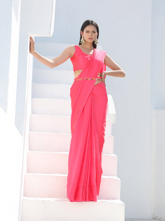 Dhiyona ST SET | Neon Pink Saree with Multicolour Beaded Lace + Blouse + Belt