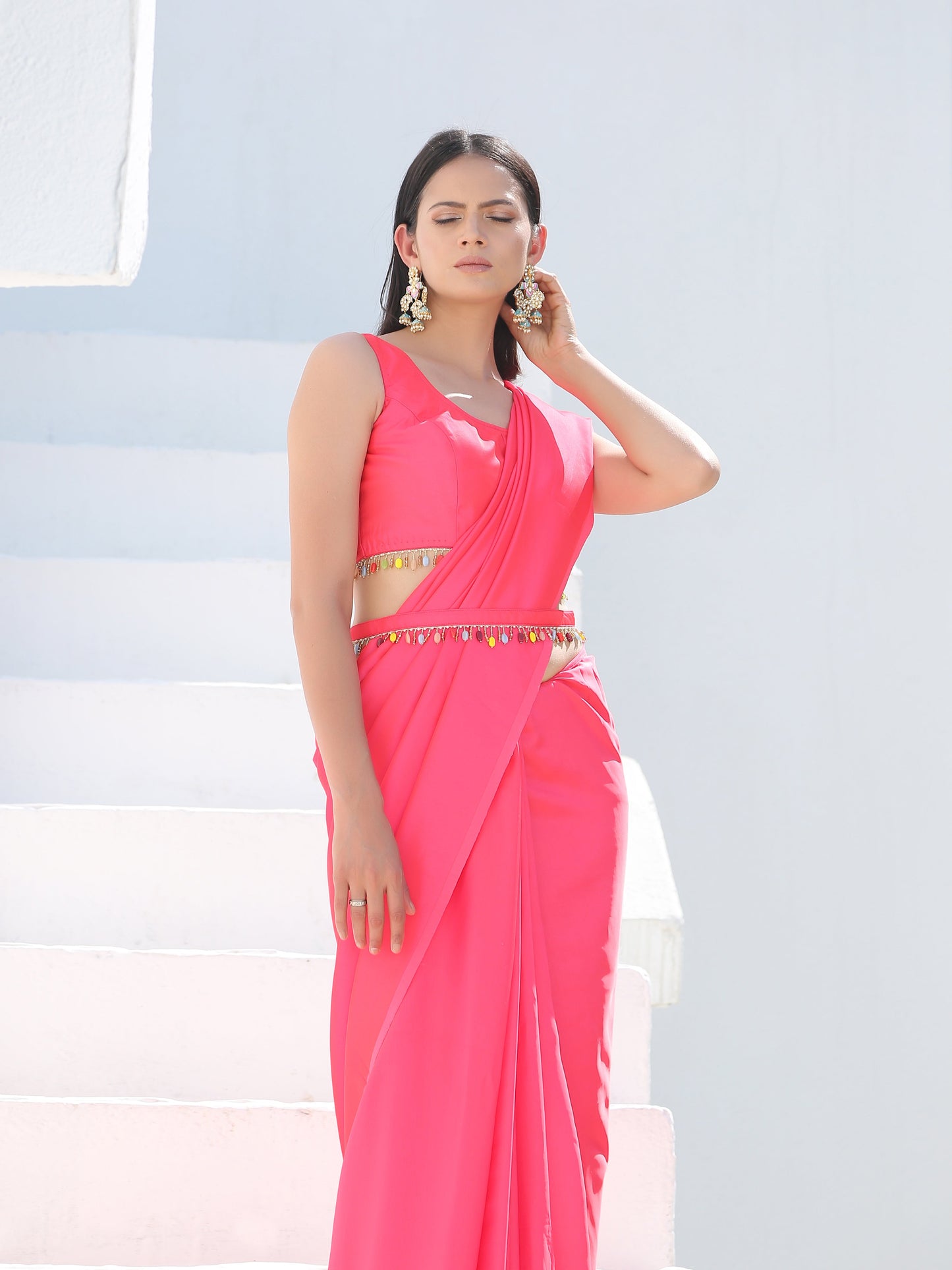 Dhiyona ST Blouse - Neon Pink Sleeveless with Multicolour Beads