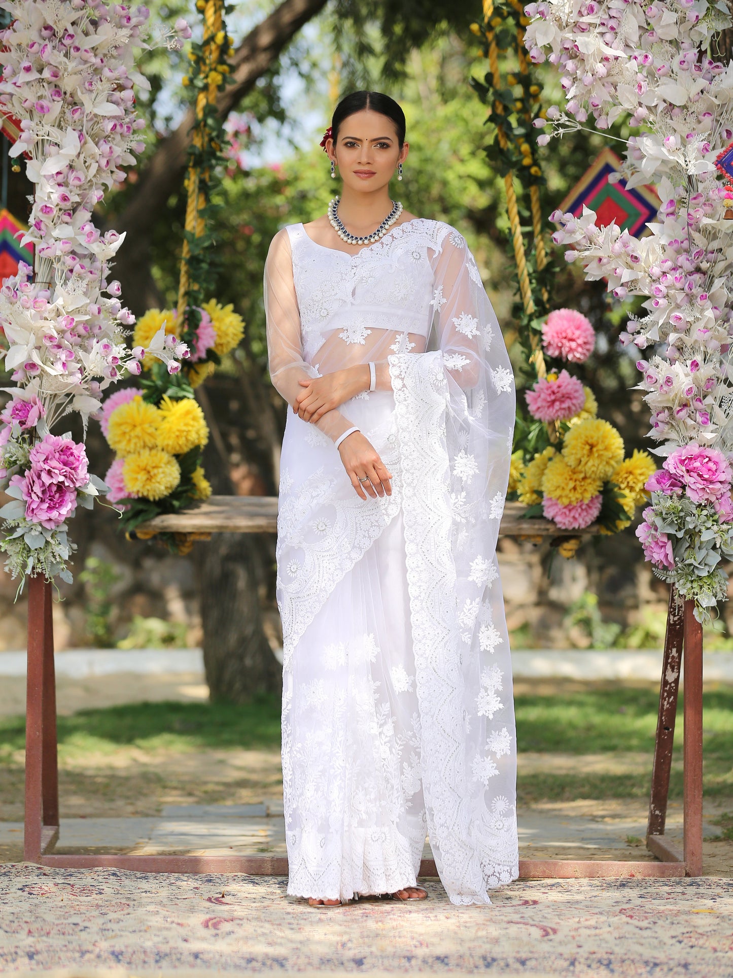Dhiyona ST Angel White Net Saree with Embroidery & Scalloping