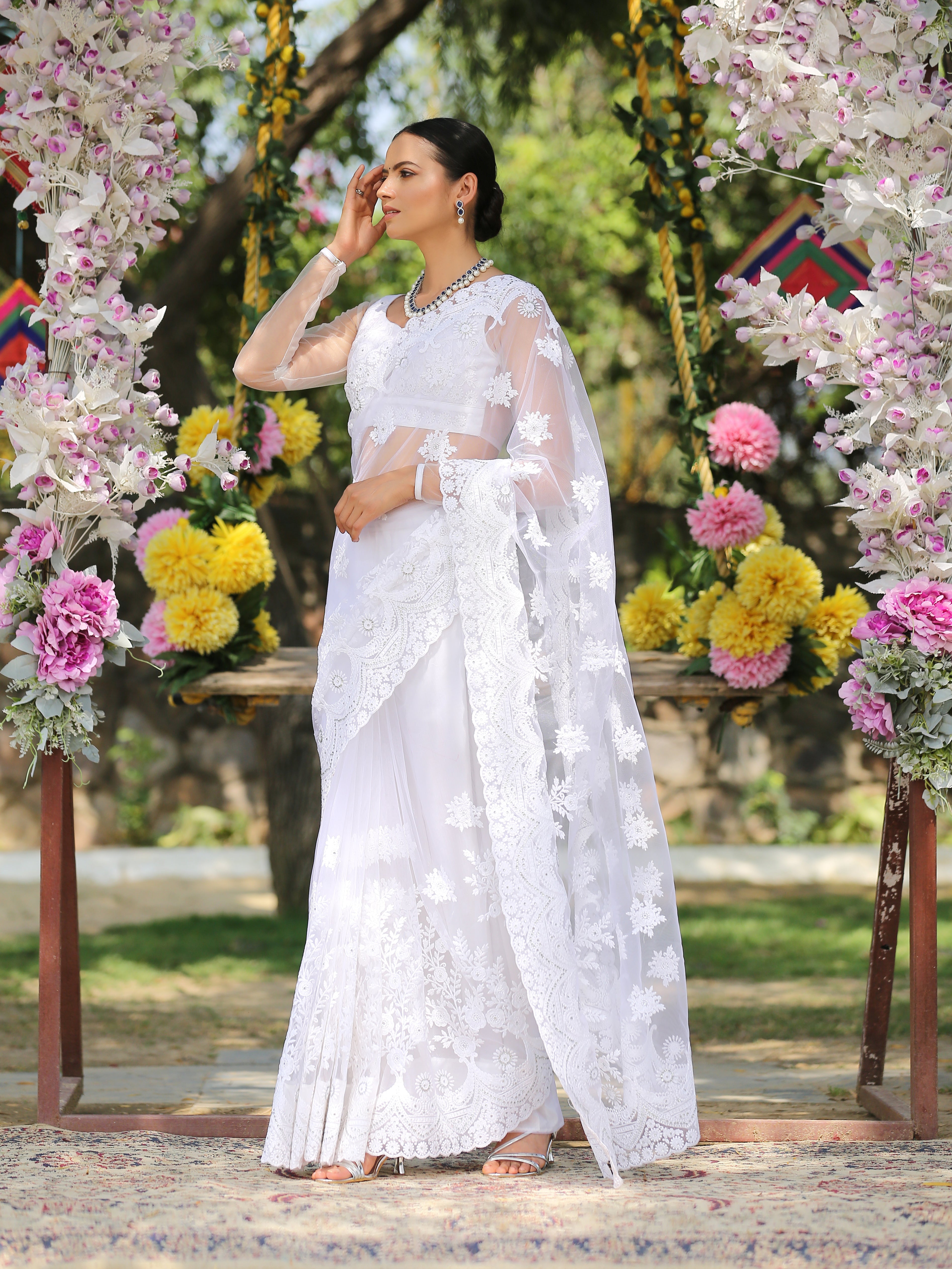 Dhiyona ST Angel White Net Saree with Embroidery & Scalloping