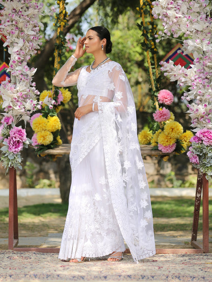 Dhiyona ST Angel White Net Saree with Embroidery & Scalloping