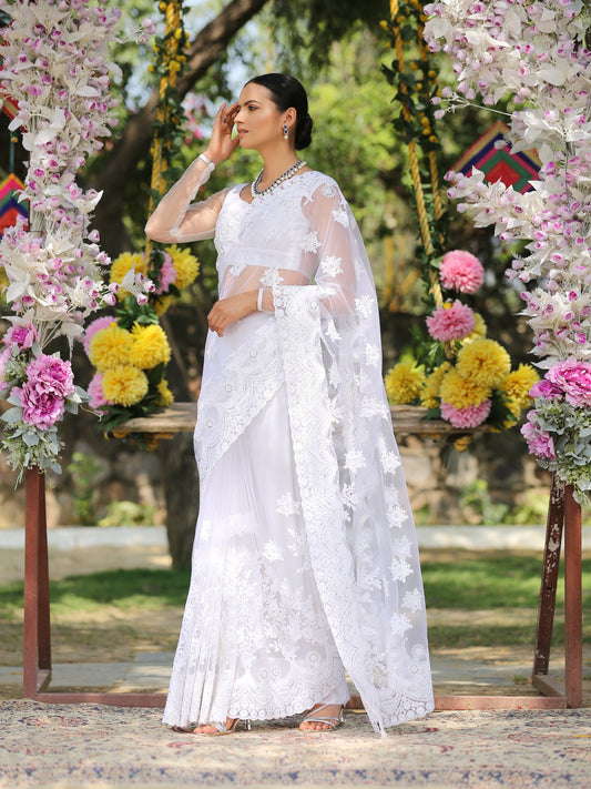 Dhiyona ST Angel White Net Saree with Embroidery & Scalloping