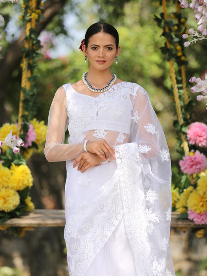 Dhiyona ST Blouse - Angel White Embroidered NET Long Sleeve