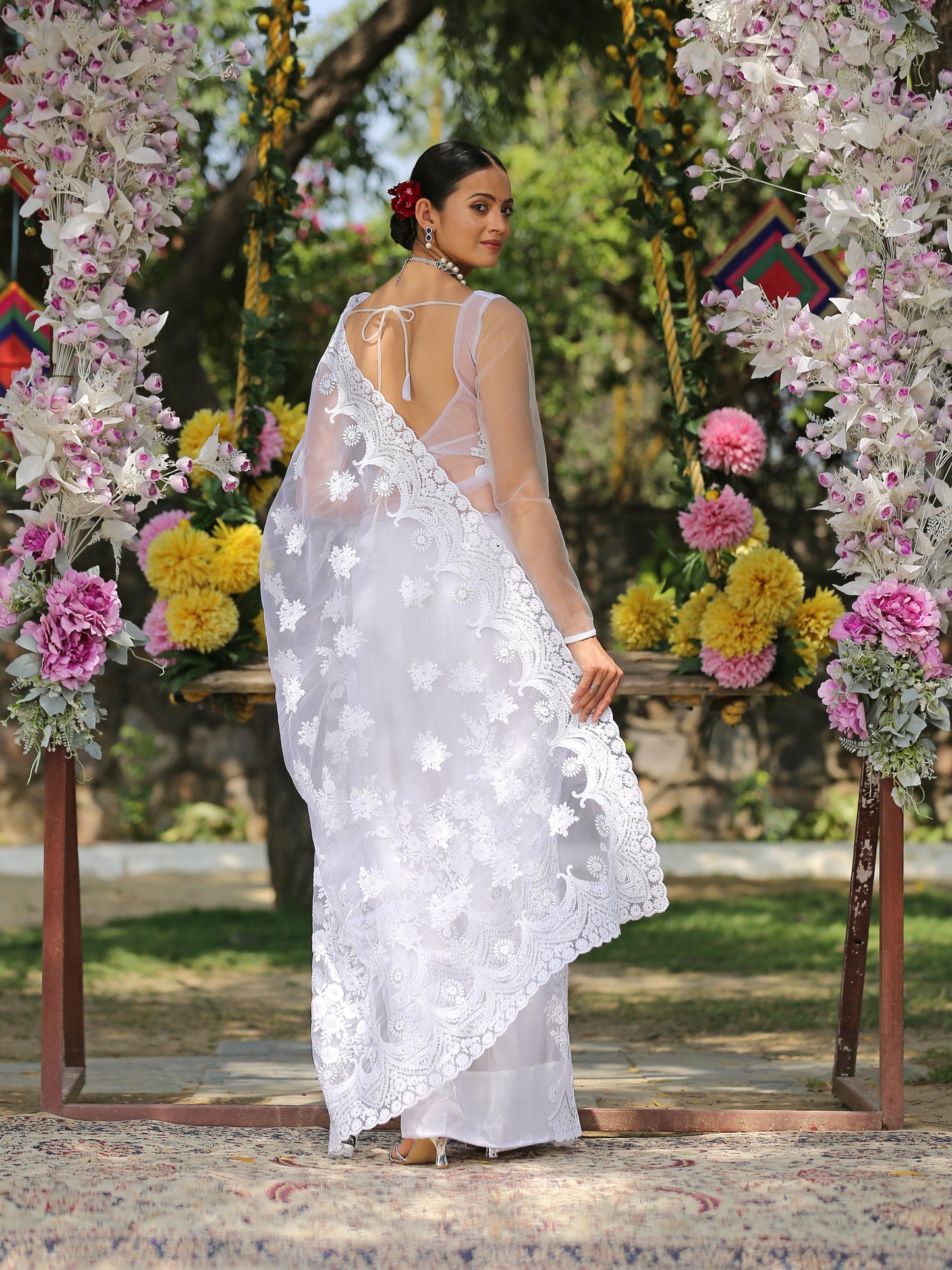 Dhiyona ST Angel White Net Saree with Embroidery & Scalloping