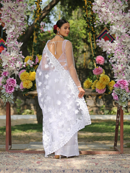 Dhiyona ST Angel White Net Saree with Embroidery & Scalloping
