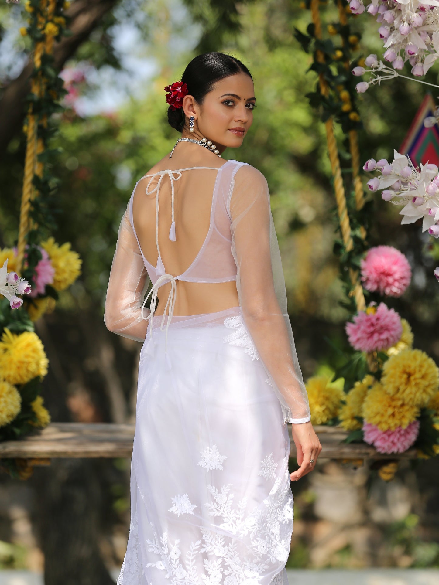 Dhiyona ST Blouse - Angel White Embroidered NET Long Sleeve