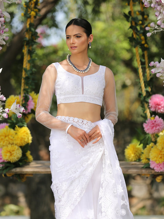 Dhiyona ST Blouse - Angel White Embroidered NET Long Sleeve