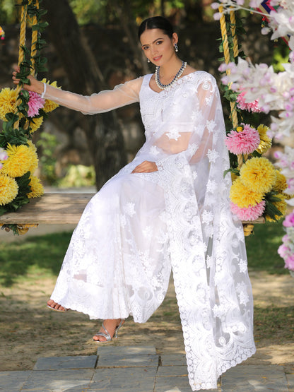 Dhiyona ST Angel White Net Saree with Embroidery & Scalloping