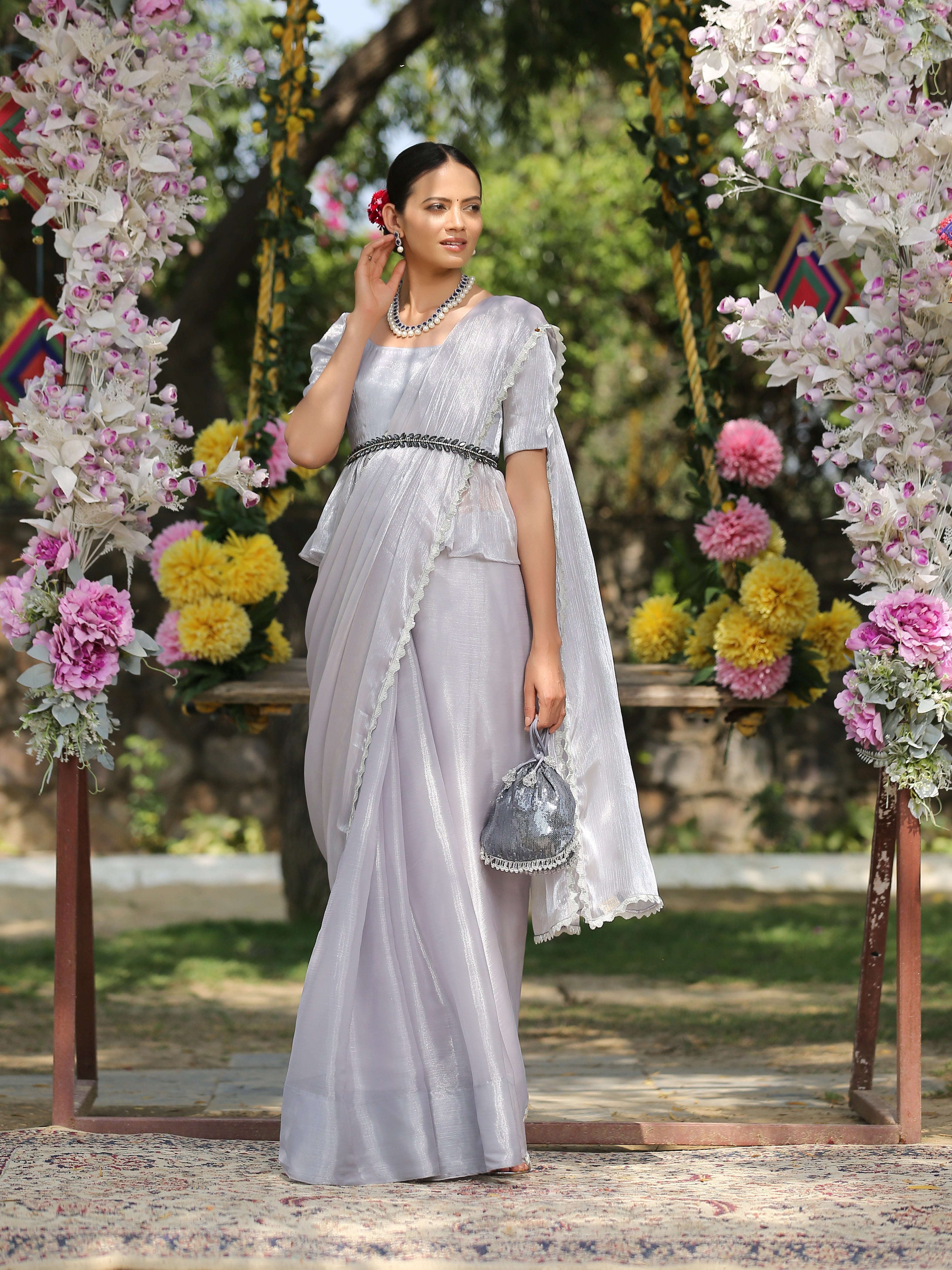 Dhiyona ST Silver Ice Saree with Lace