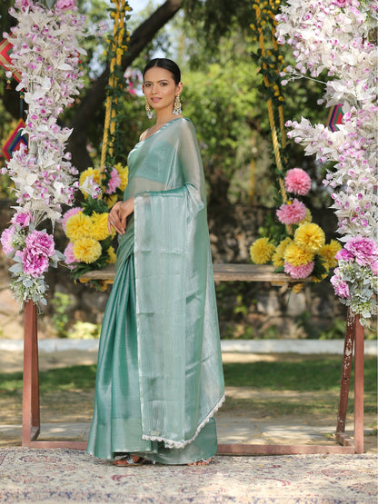 Dhiyona ST SET | Diamond Green Saree with Silver Lace + Blouse + Belt
