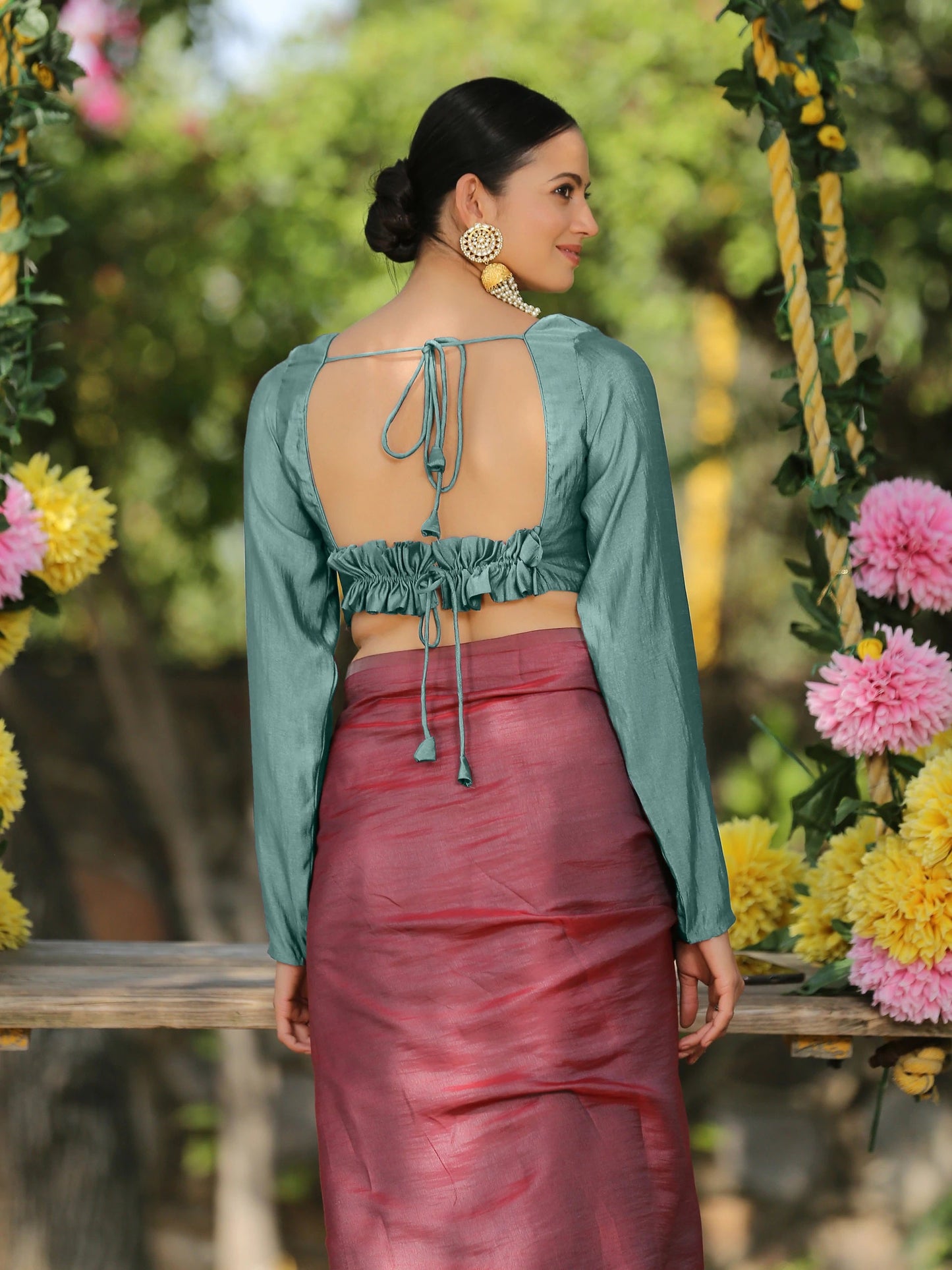 Dhiyona ST Blouse - Ghazal Red & Grey Paradise Satin Drawstring Blouse