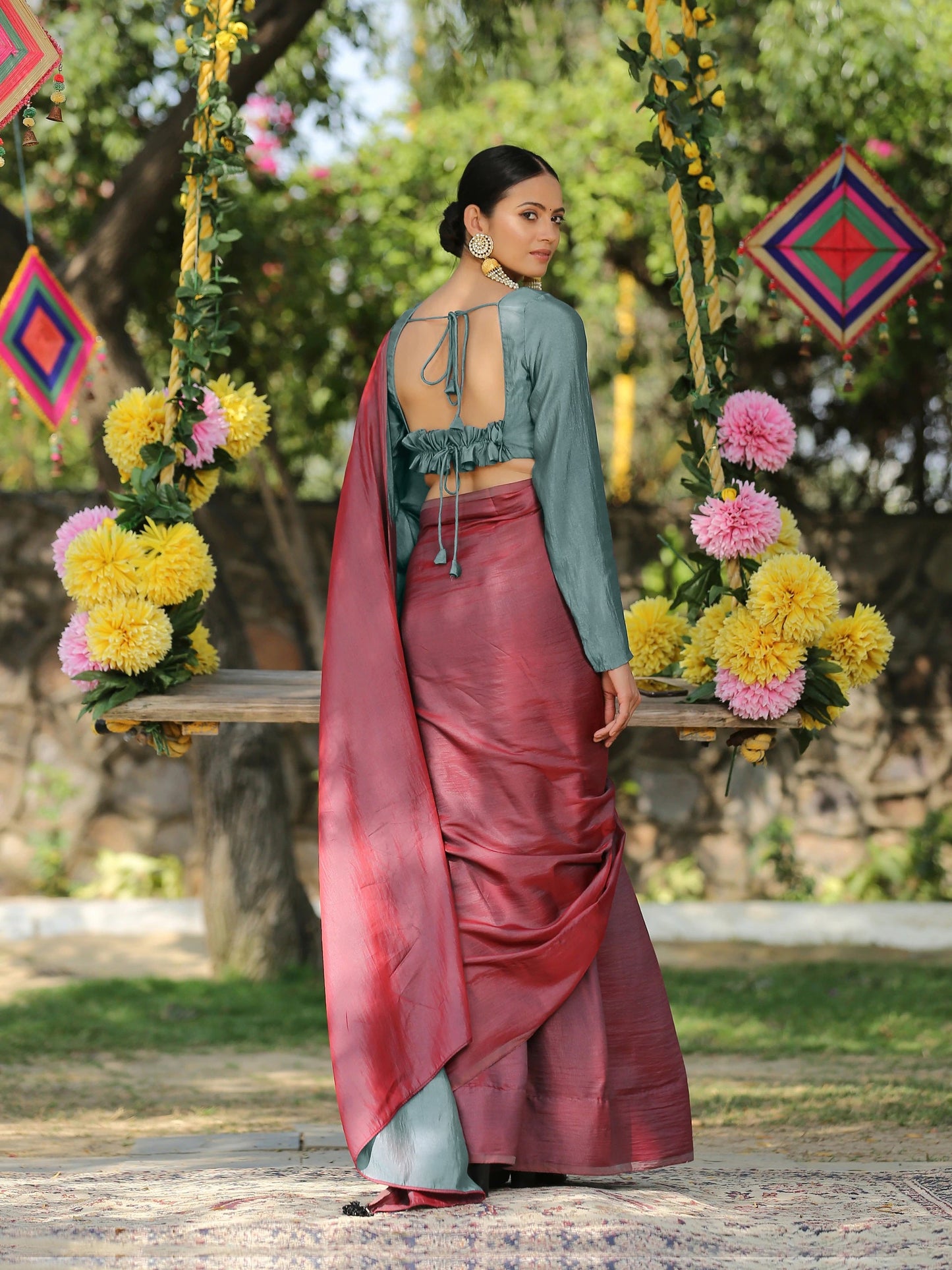 Dhiyona ST Blouse - Ghazal Red & Grey Paradise Satin Drawstring Blouse