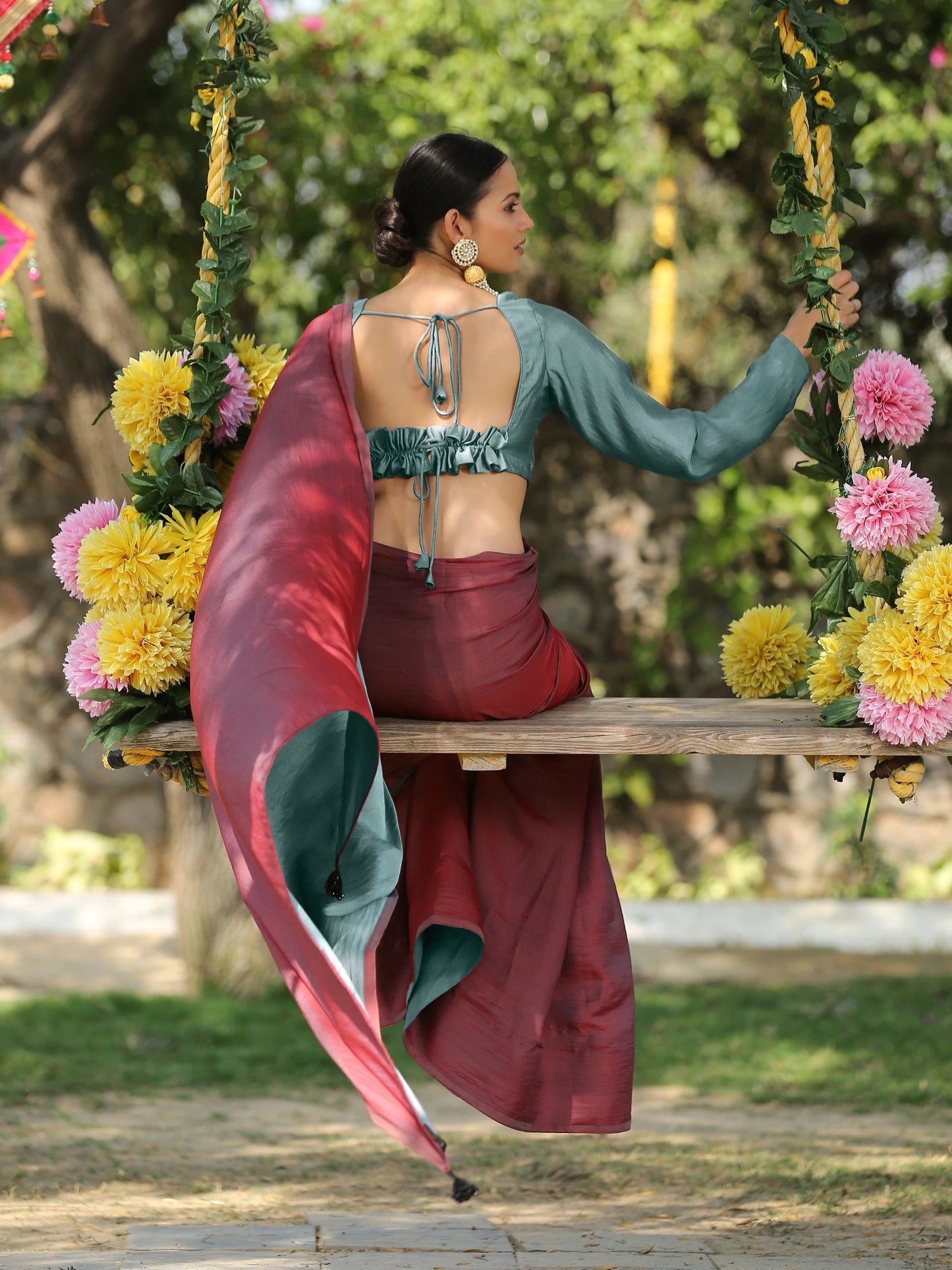 Dhiyona ST Blouse - Ghazal Red & Grey Paradise Satin Drawstring Blouse
