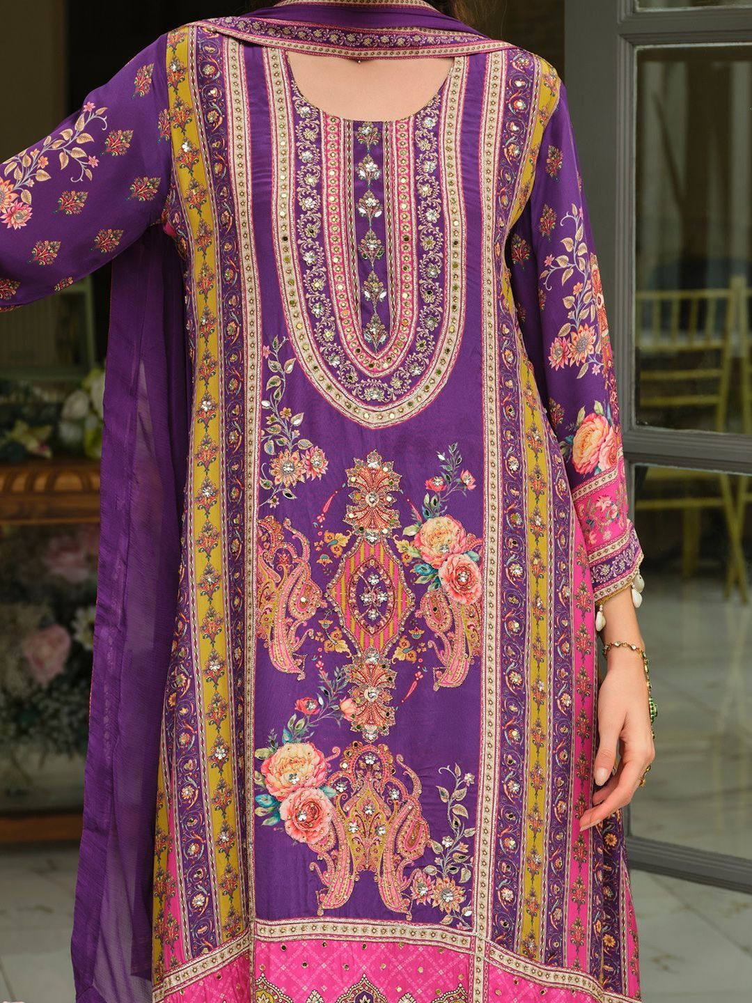 Dhiyona IE Ethnic Motifs Printed Round Neck Mirror Work Silk Kurta With Palazzos & Dupatta