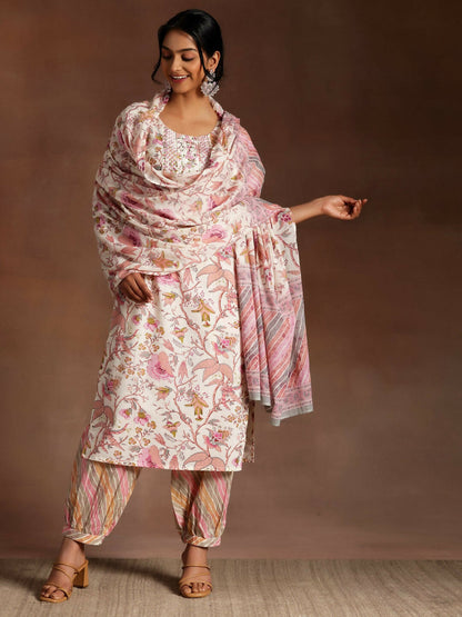 Women's LB Pink Printed Cotton Straight Suit With Dupatta