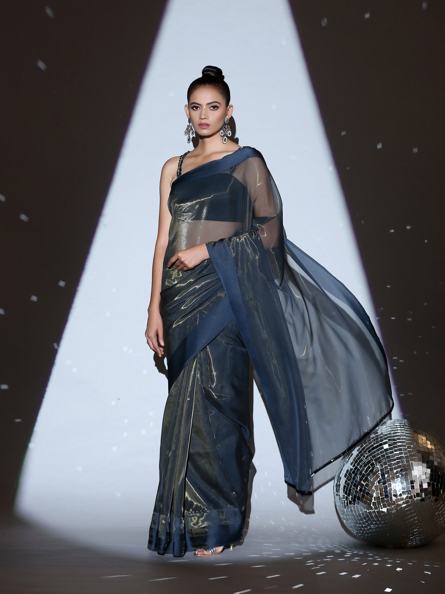 Dhiyona ST SET | Cosmic Blue Illusion Organza Saree + Black blouse with glass straps + Glass belt