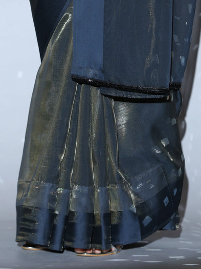 Dhiyona ST SET | Cosmic Blue Illusion Organza Saree + Black blouse with glass straps + Glass belt