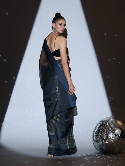 Dhiyona ST SET | Cosmic Blue Illusion Organza Saree + Black blouse with glass straps + Glass belt