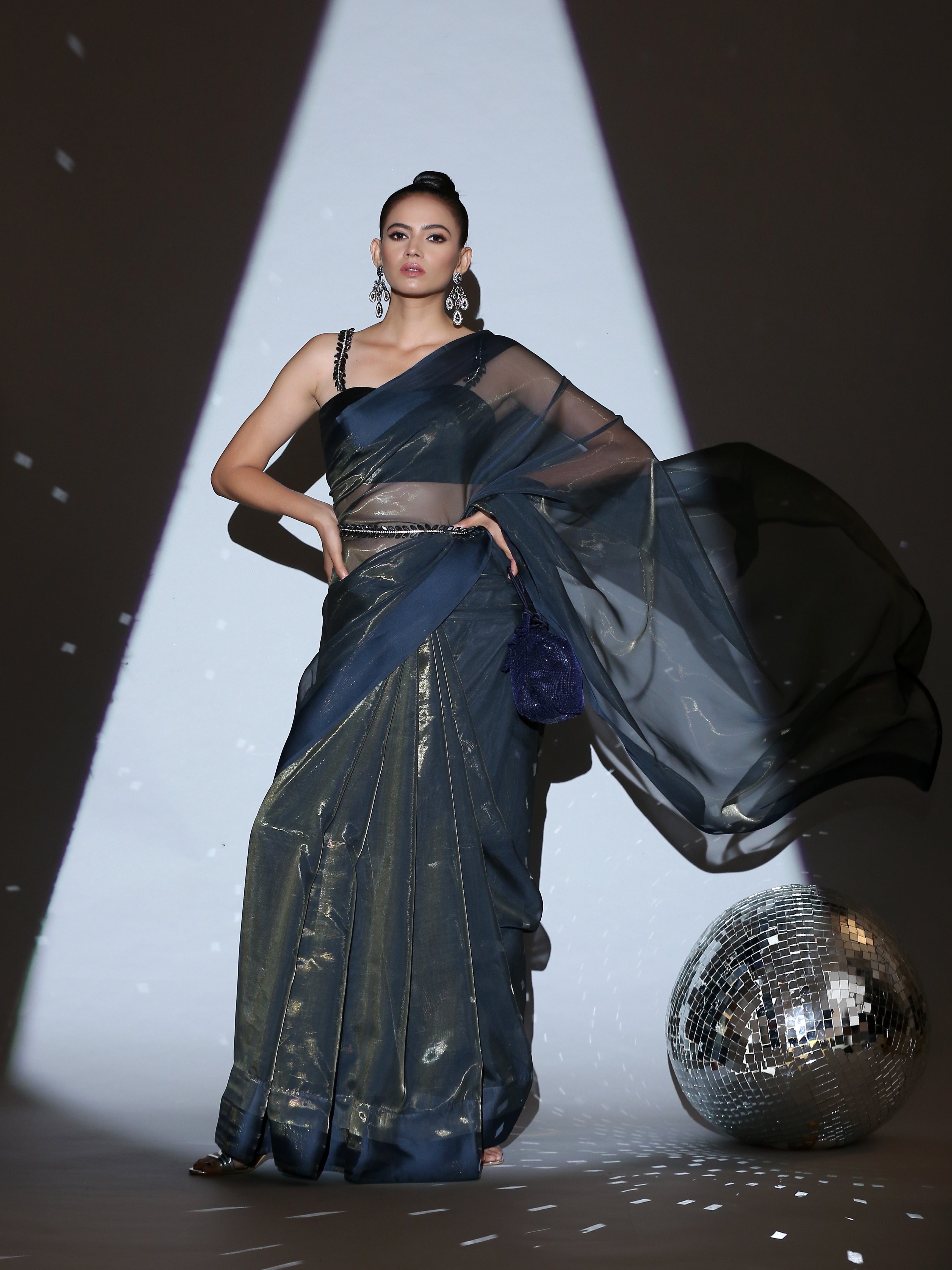 Dhiyona ST SET | Cosmic Blue Illusion Organza Saree + Black blouse with glass straps + Glass belt
