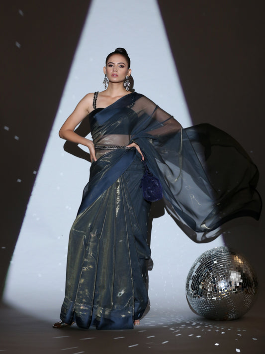 Dhiyona ST SET | Cosmic Blue Illusion Organza Saree + Black blouse with glass straps + Glass belt