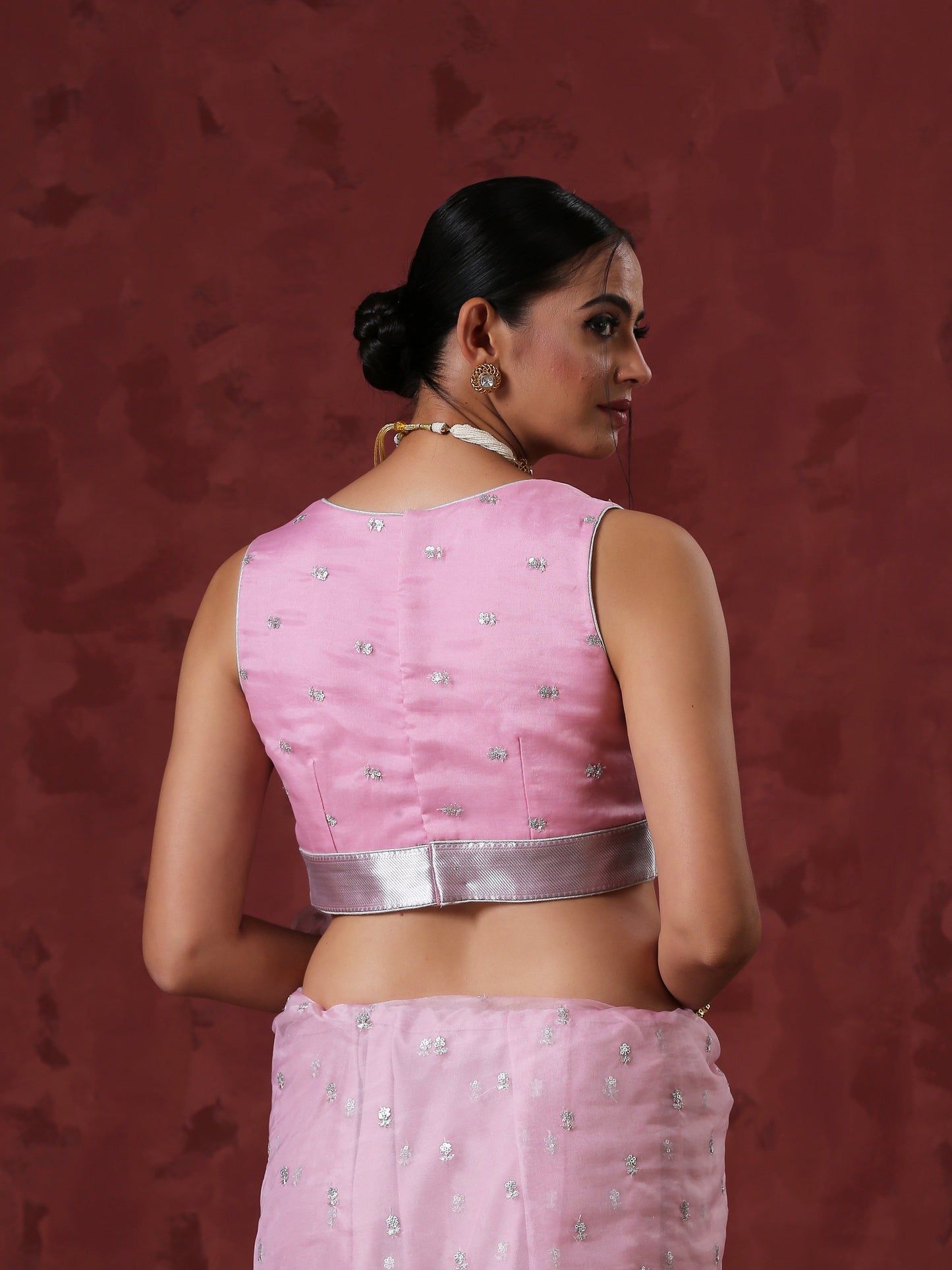 Dhiyona ST Blouse - Pink Sleeveless Organza with Embroidery and Silver edge Waist