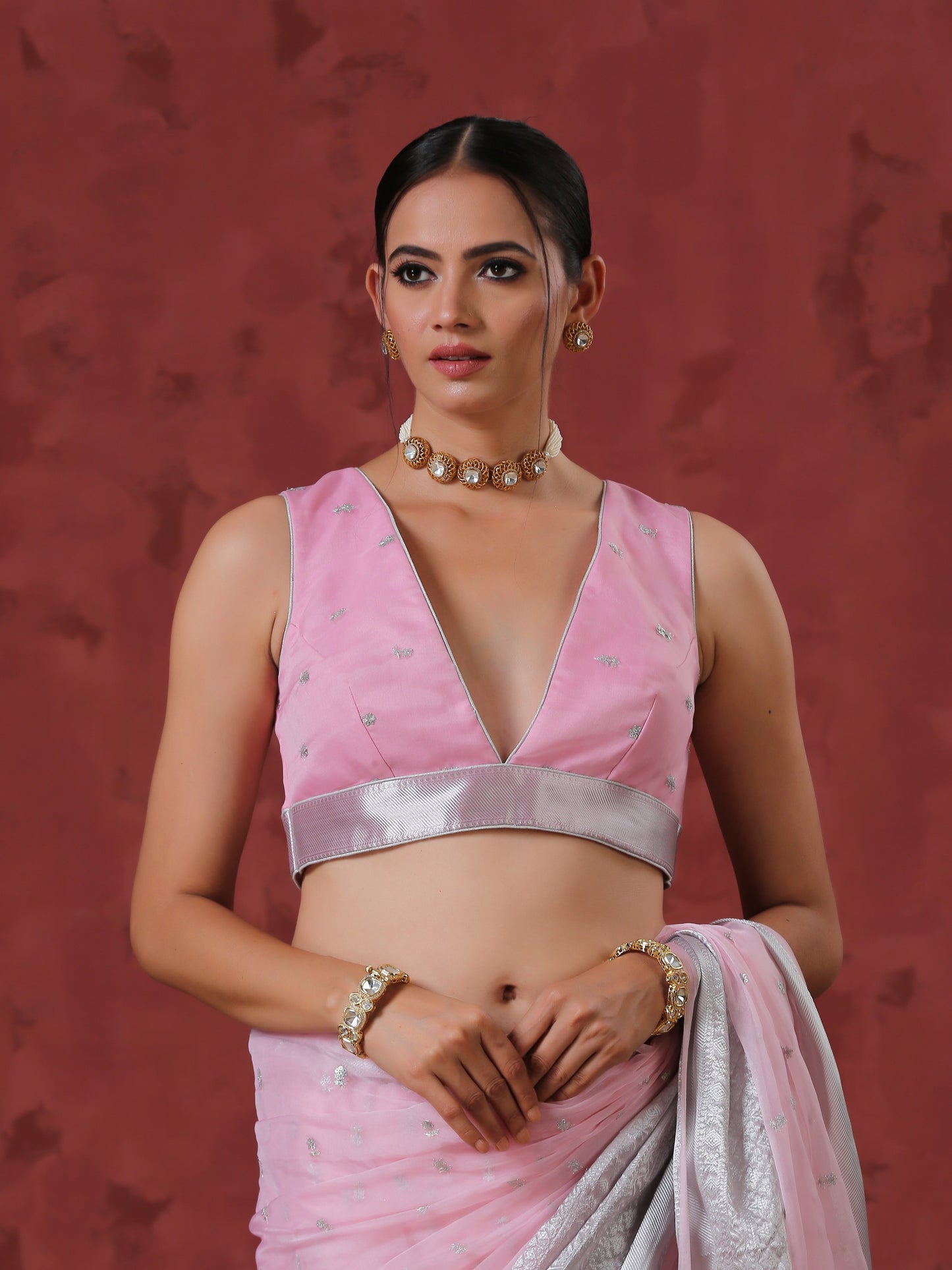 Dhiyona ST Blouse - Pink Sleeveless Organza with Embroidery and Silver edge Waist