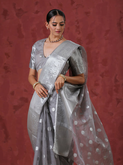 Dhiyona ST Grey Dot Organza Blouse with Border on Sleeves