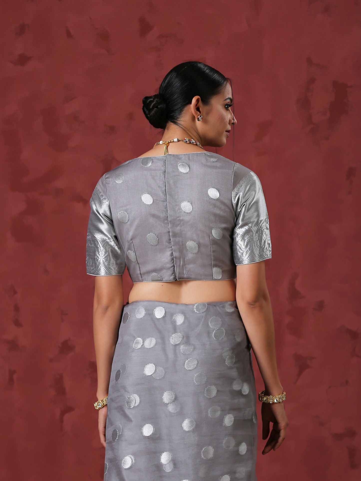 Dhiyona ST Grey Dot Organza Blouse with Border on Sleeves