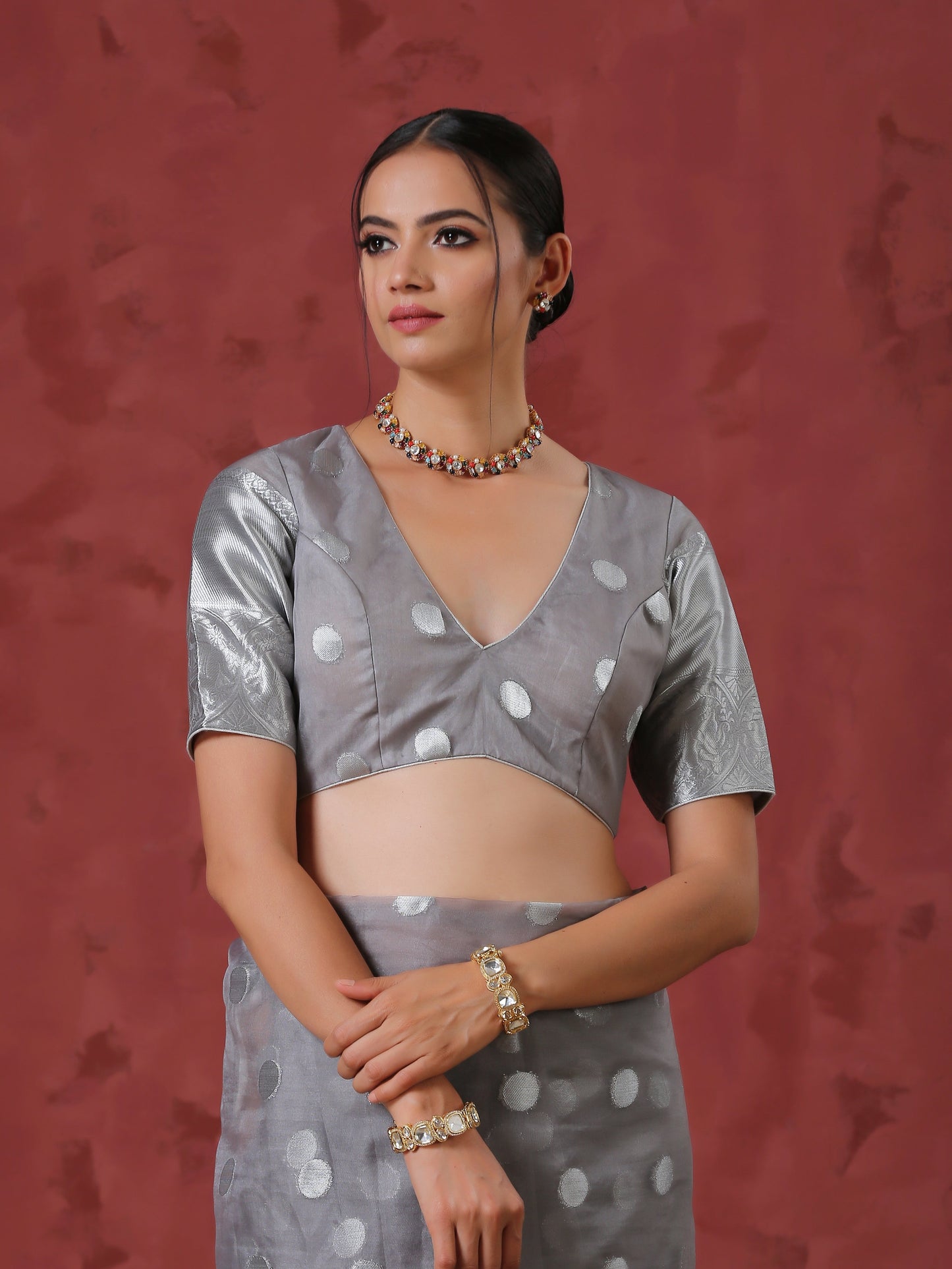 Dhiyona ST Grey Dot Organza Blouse with Border on Sleeves