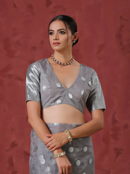 Dhiyona ST Grey Dot Organza Blouse with Border on Sleeves
