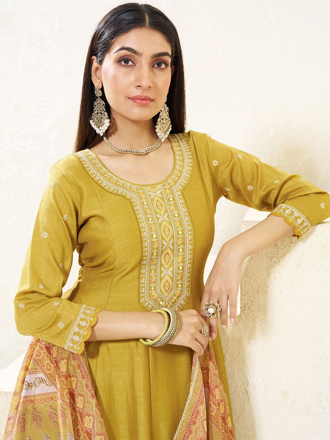 Dhiyona CH Women Floral Embroidered Pleated Mirror Work Kurta with Trousers & Dupatta