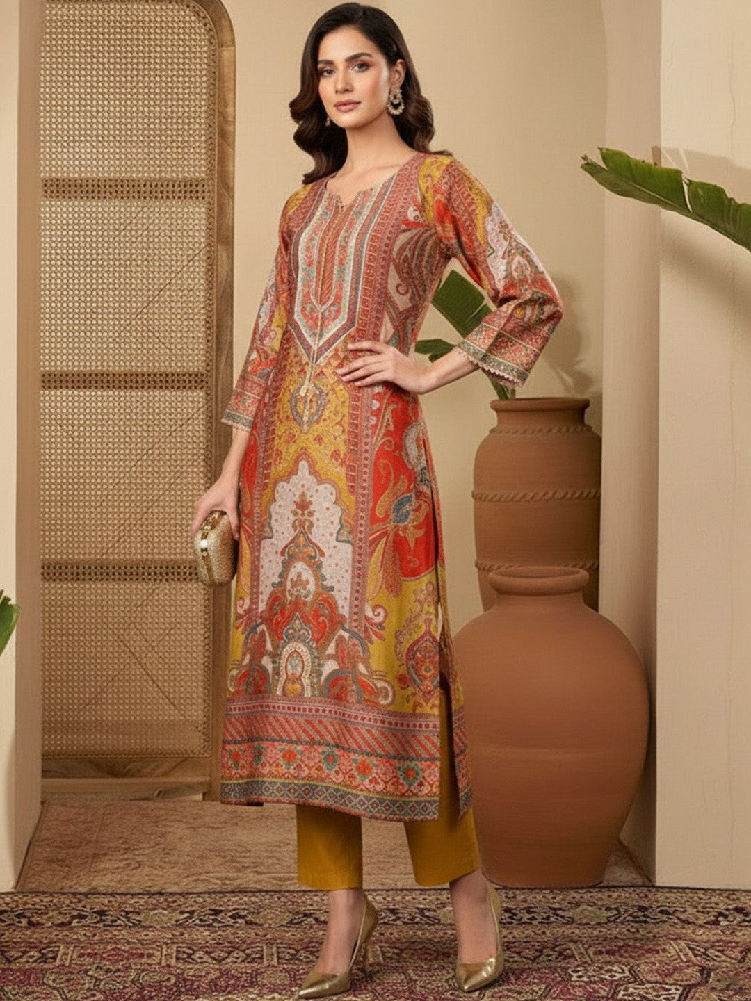 Printed V-Neck Kurta & Trousers