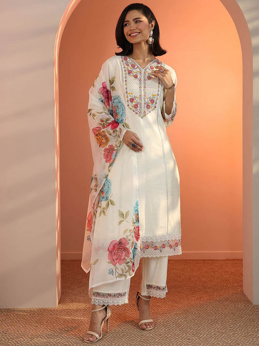 Floral Embroidered Thread Work Straight Kurta With Trousers & Dupatta