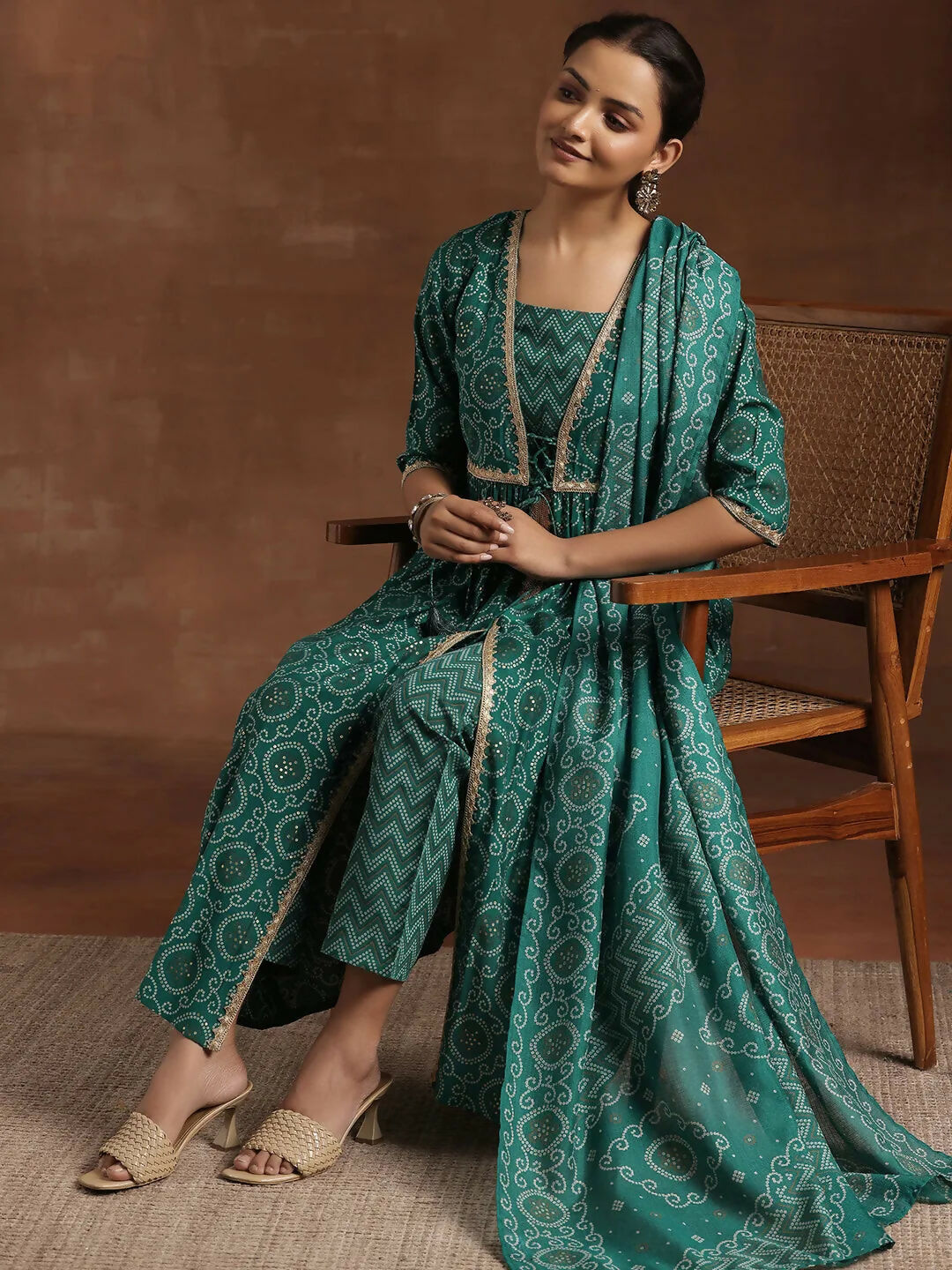 Women's LB Rama Green Printed Silk Blend A-Line Kurta With Trousers & Dupatta