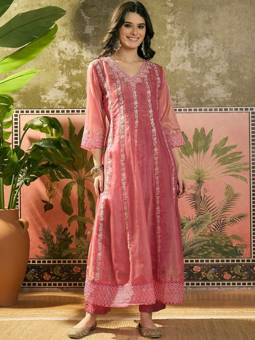 Embroidered V-Neck Kurta Trousers & Dupatta